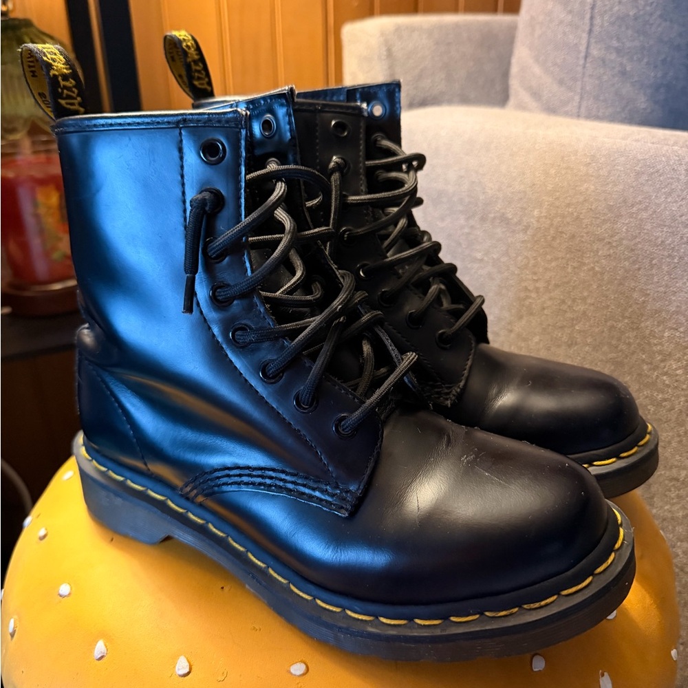 Dr. Martens Black Leather 8-Eye Lace-Up Boots with Yellow Stitching